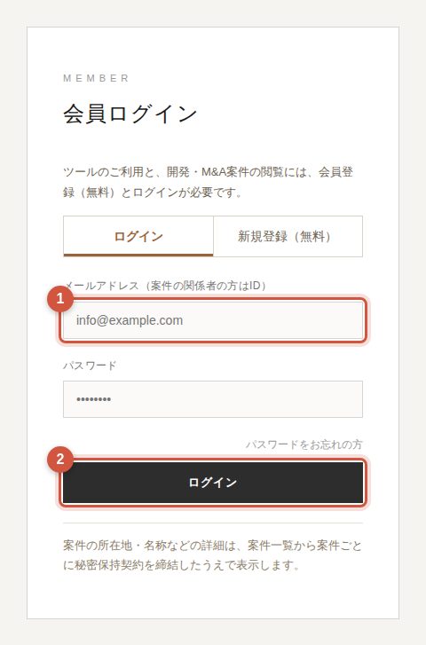 ① メールアドレス（関係者の方はID）　② ログイン