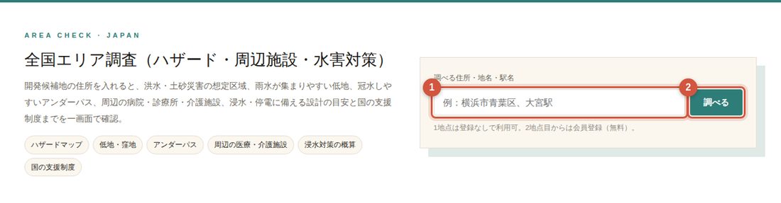 ① 住所の入力欄　② 調べる