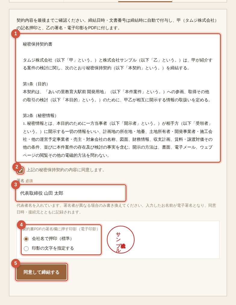 ① 契約内容　② 同意　③ 署名　④ 電子印影　⑤ 同意して締結する
